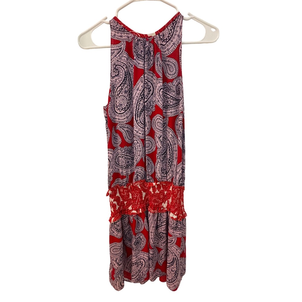 Ramy Brook Red Lavender Paisley Silk Smocked Waist Halter Mini Dress XS